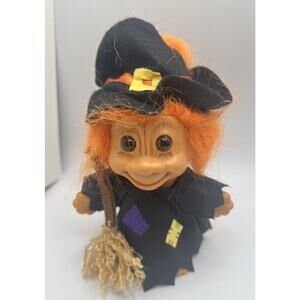 5” Troll Doll Witch Russ Halloween with Hat & Broom Orange